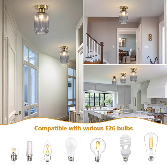 BOKT Vintage Close to Ceiling Light Fixture Gold Semi Flush Mount Ceiling Light Fixture with Smoke Grey Stripe Glass Modern Indoor Hanging Light for Kitchen Living Room Hallway