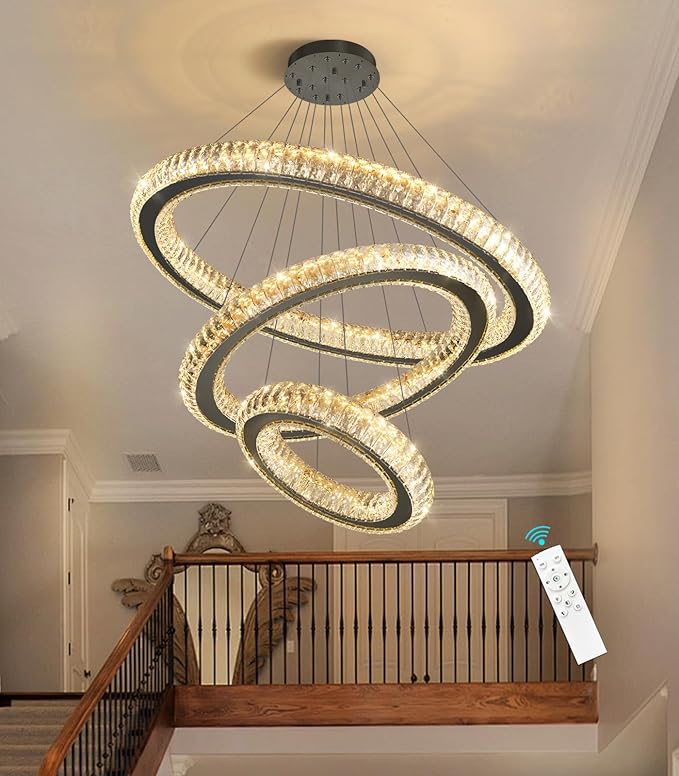 HAIXIANG 3 Rings Chandelier Modern Dimmable High Ceiling Large Ring Chanderliers Entryway Crystal Pendant Lights for Entryway Foyer Living Room Black Light