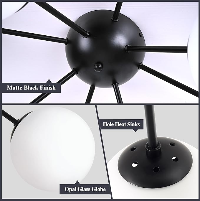 8 Light Mid Century Modern Semi Flush Mount Ceiling Light Fixture Globe Ceiling Light Sputnik Chandelier with Milk Glass Shade Matte Black Finish for Bedroom Hallway Dining Room Living Room