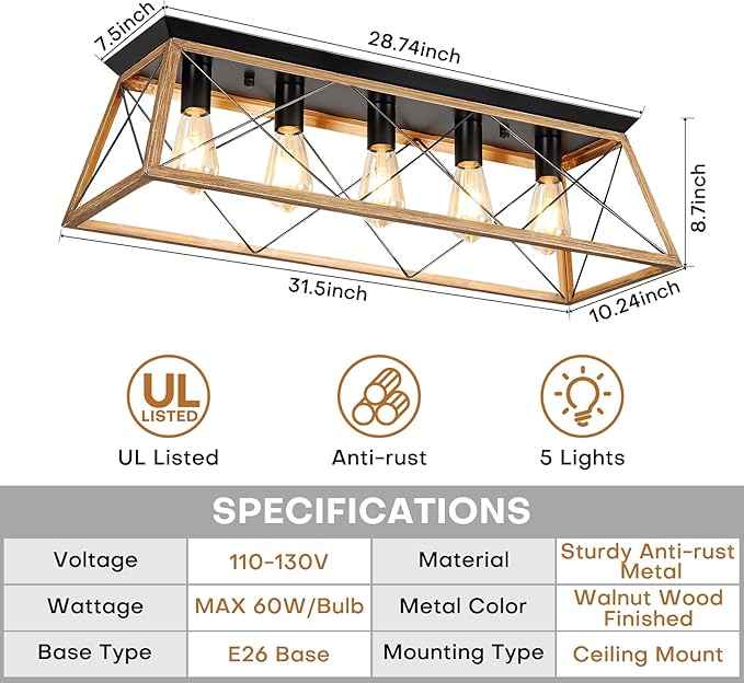 31.5" Flush Mount Ceiling Light Fixture, 5-Light Vintage Industrial Cage Chandelier for Dining Room, Kitchen Island, Living Room, Dimmable Semi Flush Mount Close to Ceiling Lighting, Walnut Finish