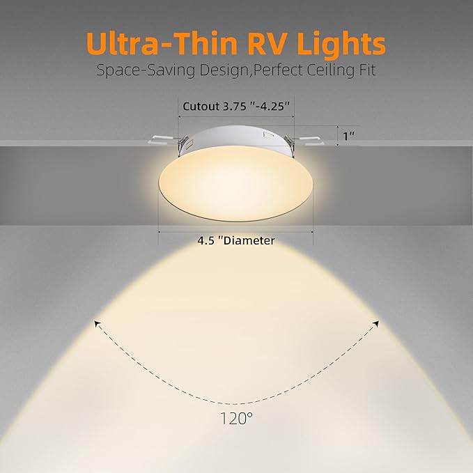 8 Pack Recessed RV Ceiling Light,4.5in Led Puck Lights,DC12V Camper Light,RV Interior Down Lights for Motorhome Trailer Boat Under Cabinet Lighting,4W/3300K/320LM, Warm White