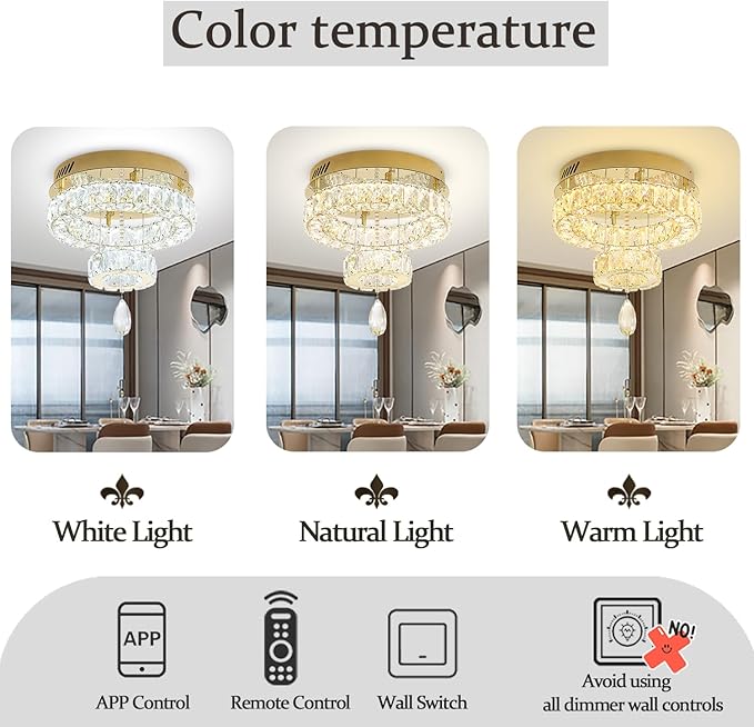 Flashing God Dia 12" Mini Chandelier Modern Crystal Chandeliers for Hallway Gold Flush Mount Ceiling Light Modern Chandeliers Lighting for Bedroom Staircase Kitchen