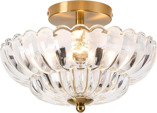 11.8 inch Semi Flush Mount Ceiling Light, 3-Light Close to Ceiling Light Fixtures with Flower Glass, Vintage Ceiling Lights for Hallway Living Room Kitchen Bedroom Bathroom, Clear
