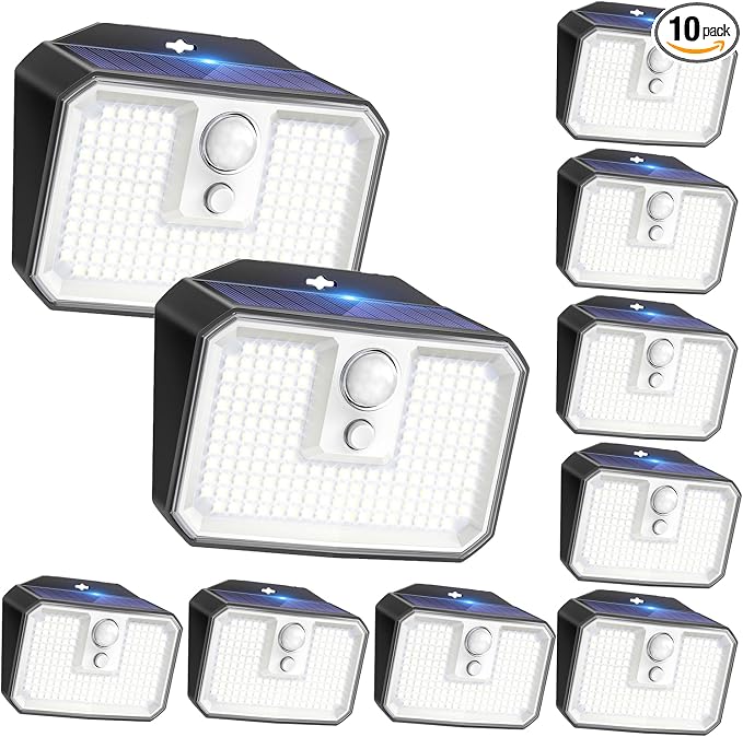 CLAONER 10-Pack Solar Motion Sensor Lights Outdoor, 168 LED Waterproof Security Light with 3 Modes, for Garden, Fence, Garage, Deck, Door Step