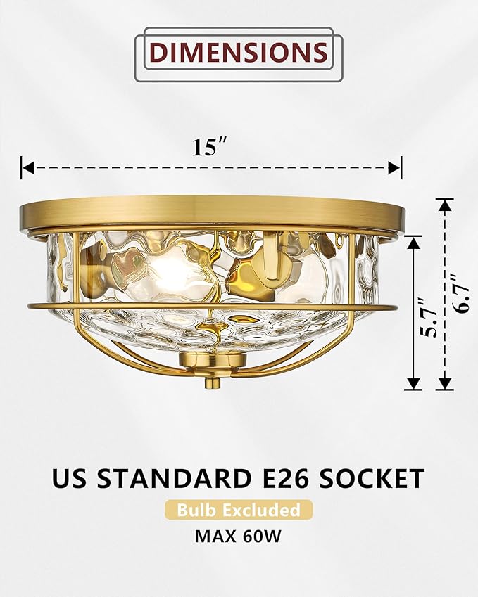 15 Inch Flush Mount Ceiling Light, HWH 3-Light Modern Close to Ceiling Light Fixtures Brushed Gold Finish for Kitchen Porch Foyer with Hammered Water Ripple Glass, 5HTJ102WG-F BG
