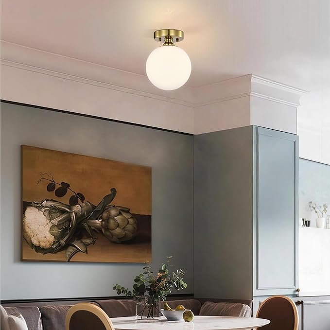Alighting Gold Semi Flush Mount Ceiling Light – 7" Opal Glass Globe, Mid-Century Modern Ceiling Light Fixture for Bedroom, Bathroom, Closet, Hallway, Entryway – Easy to Install
