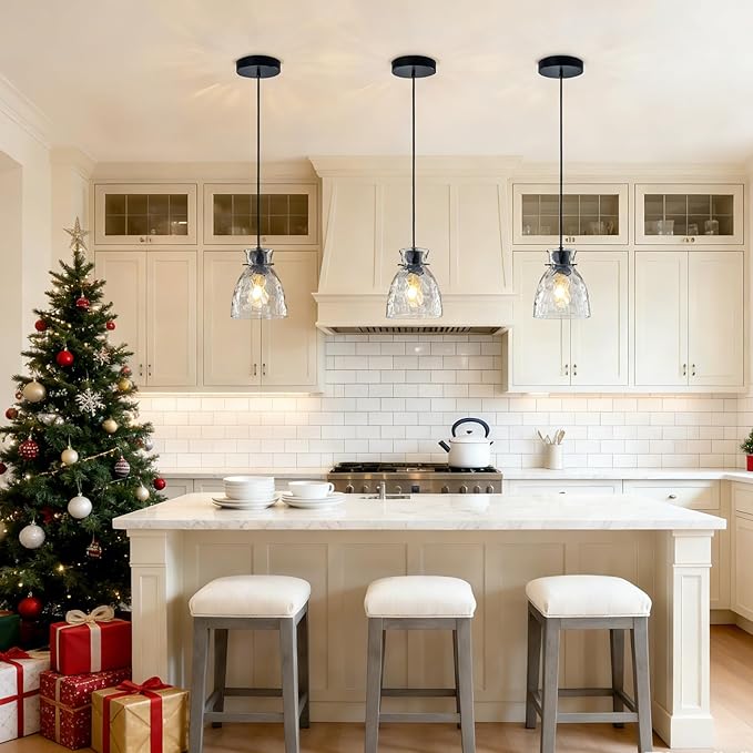 Hammered Glass Black Pendant Lights Kitchen Island 2 Pack, 5.9” Small Farmhouse Pendant Light Fixtures, Adjustable Modern Hanging Lighting Kitchen Pendant Lights over Island Sink Bathroom Dining Room
