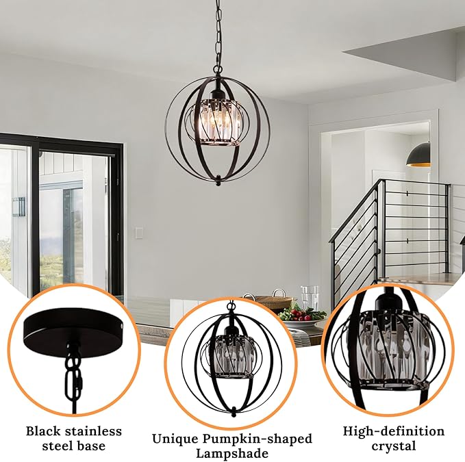 FRIXCHUR Black Crystal Pendant Light, Adjustable Hanging Light Fixture with Pumpkin-Shaped Crystal Shade, E26 Base Metal Lantern Pendant Ceiling Light for Kitchen Island, Dining Room, Entryway, Foyer