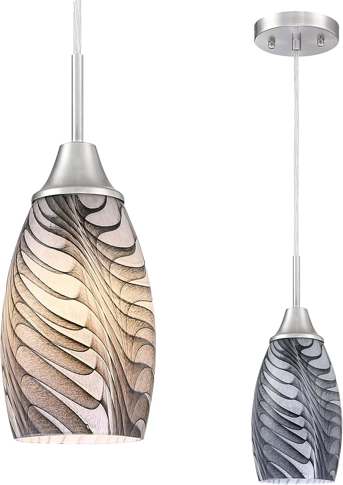 Viinew 1-Pack Mini Glass Pendant Light 4.72" with Handblown Black Gray Marble Art Glass Hanging Light Oval Ceiling Hanging Light Fixture for Dining Room Kitchen Island Cafe Foyer Hallway