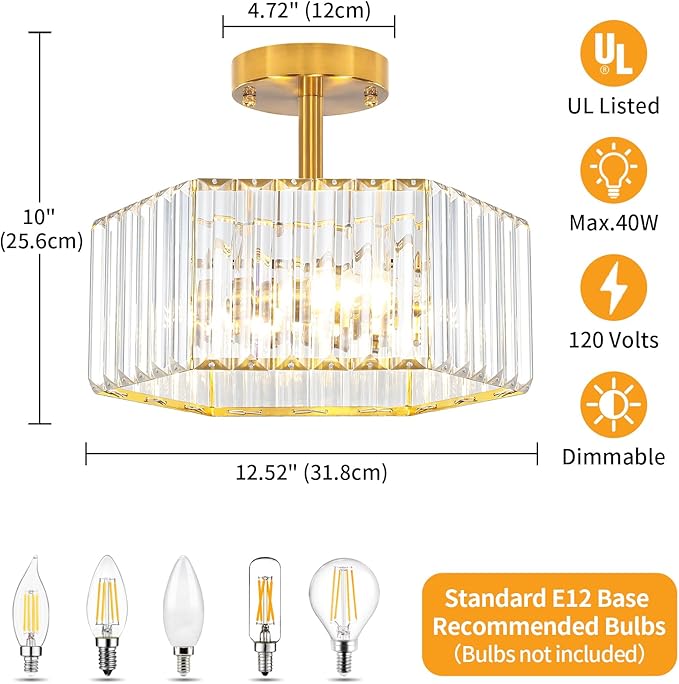TOULMJ Crystal Semi Flush Mount Ceiling Light, 3-Light Modern Close to Ceiling Light Fixtures, Gold Hallway Light Fixtures Flush Mount Chandelier for Entryway Kitchen Bedroom Dining Laundry Room