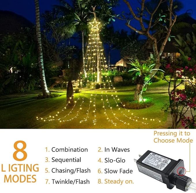 DANLI Christmas Star String Lights Outdoor, 320 LED With Timer [8 Mode/IP44 Waterproof] Decoration Fairy Indoor, 9x12FT Topper for Xmas New Year Wedding Patio Yard