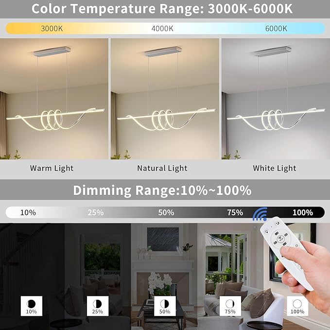 Modern Pendant Light Kitchen Island 57in Dimmable Hanging Lamp 3000k-6000K Adjustable Warm/Nautral/White with Remote Control, Dining Room Light Fixture Chrome Silver