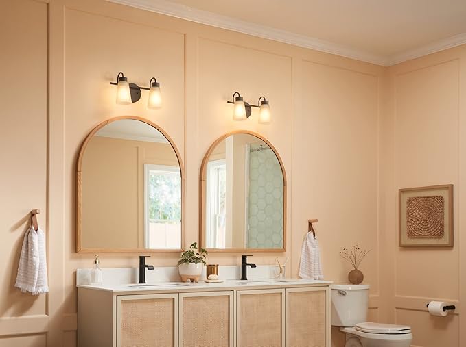 Kichler Stamos 2-Light Bathroom Vanity Light with Satch Etched Glass Shades, 13" Modern Wall Light in Olde Bronze®, (13" x 8" x 5")