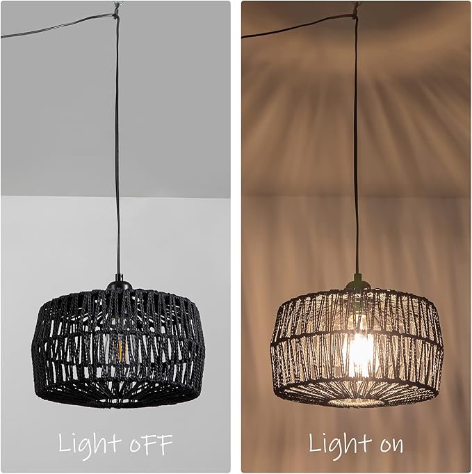 11.42’’ Black Woven Plug in Pendant Light Fixture, Rustic Round Ceiling Hanging Light with Plug in Cord & On/Off Switch for Entry Bedroom Kitchen Island Living Dining Room Foyer