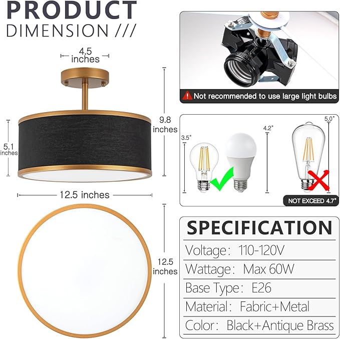 Bargeni Semi Flush Mount Ceiling Light,12.5 inch Ceiling Light Fixture,Gold Flush Mount Light Fixture with Black Fabric Drum Shade,Light Fixtures Ceiling Mount for Bedroom,Living Room,Hallway