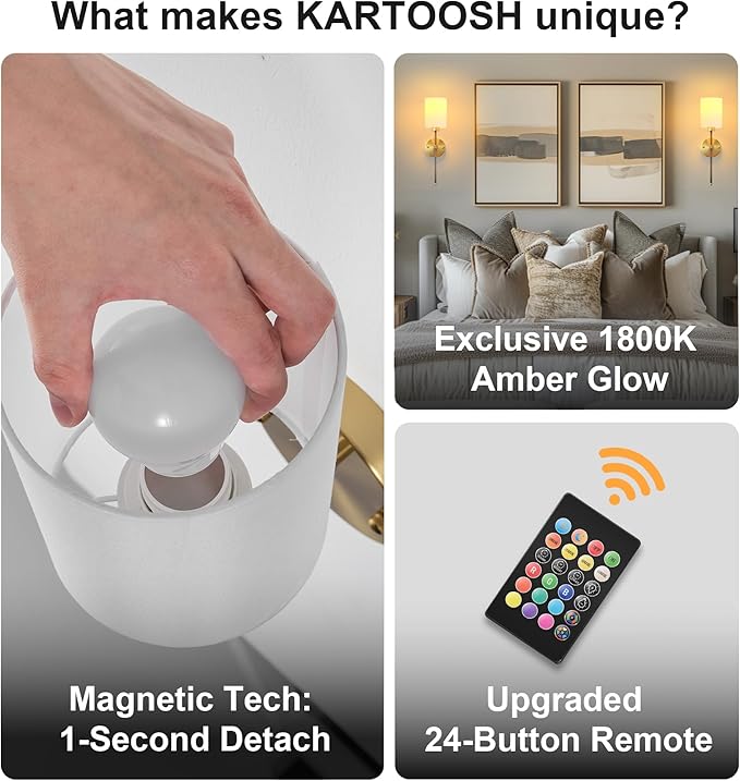 Battery Operated Wall Sconce Set of Two, Wireless Rechargeable Wall Light With Remote Control, Dimmable, 4 Color Temperatures, RGB, Timer, for Living Room,Bedroom,Entryway, Black Gold, 20.6 Inch