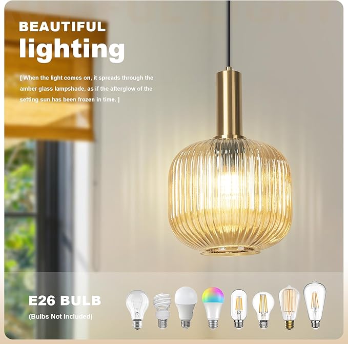 Amber Plug in Pendant Light, Mid Century Modern Hanging Light Fixture with 14.76ft Cord, Vintage Gold Hanging Lamp Plug in Chandelier Lighting for Bedroom, Living Room, Kitchen, Dining Room