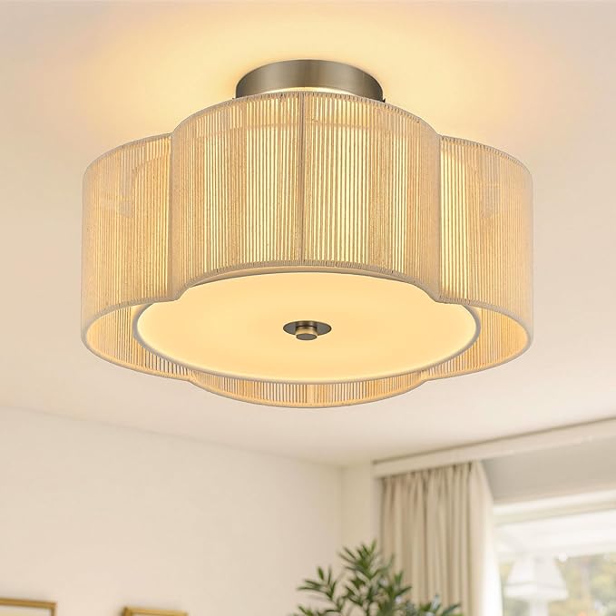 VONLUCE Semi-Flush Mount Boho Ceiling Light, 14" 4-Light Rattan Ceiling Light Fixture with 2 Tier Rattan Fabric Clover Shade, Lighting for Bedroom Dining Living Room, Nickel Finish, ETL Certificated