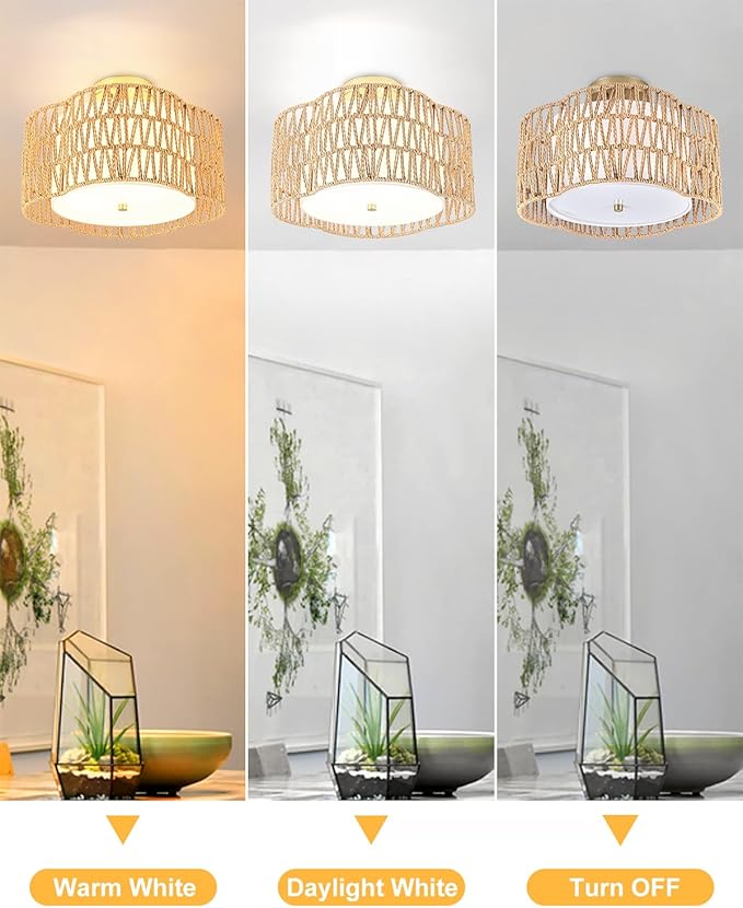 WILON Rattan Flush Mount Ceiling Light, 3-Light Boho Light Fixture with Fabric Shade, Woven Wicker Semi Flush Mount Light Fixture for Hallway Entryway Nursery Bedroom Kitchen Laundry Room