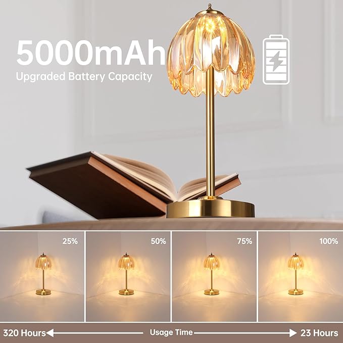 Shenmoyl Tulip Table Lamp with 5000mAh Battery & Touch Control, Cordless Table Lamp with 3 Colors, Dimmable Rechargeable Table Lamps for Bedroom, Nightstands, Living Room, Entryways (Amber Tulip)