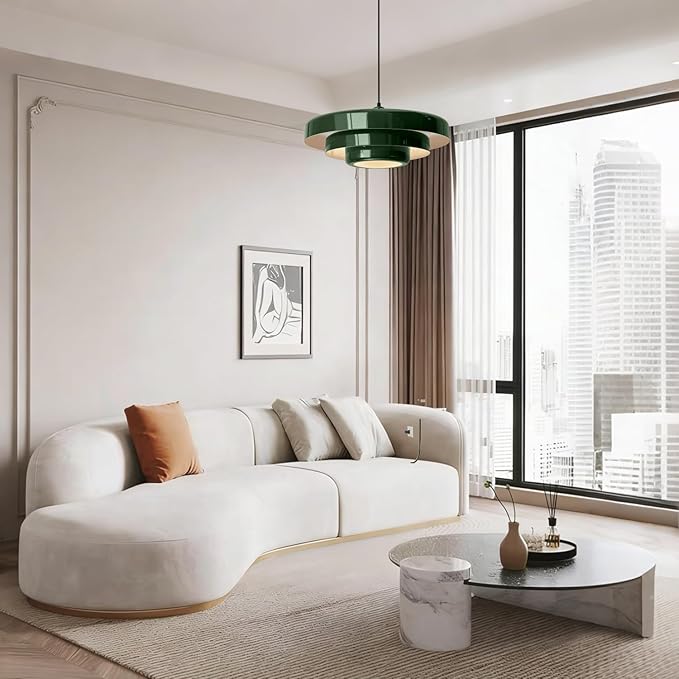 Plug-in Green Pendant Light, Mid Century Hanging Lamp Fixtures with Pulley and Plug in Cord 3-Layer Shade Nordic Style Pendant Lighting Metal Shade for Living Room Dining Room Bedroom Kitchen Island