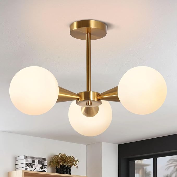 Betkas 3-Lights Semi Flush Mount Ceiling Light Fixture Brushed Gold Light Fixture Straight Bar Modeling with Milk Glass Globe for Bedroom,Living Room, Dinning Room Foyer Hallway