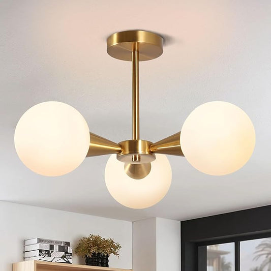 Betkas 3-Lights Semi Flush Mount Ceiling Light Fixture Brushed Gold Light Fixture Straight Bar Modeling with Milk Glass Globe for Bedroom,Living Room, Dinning Room Foyer Hallway