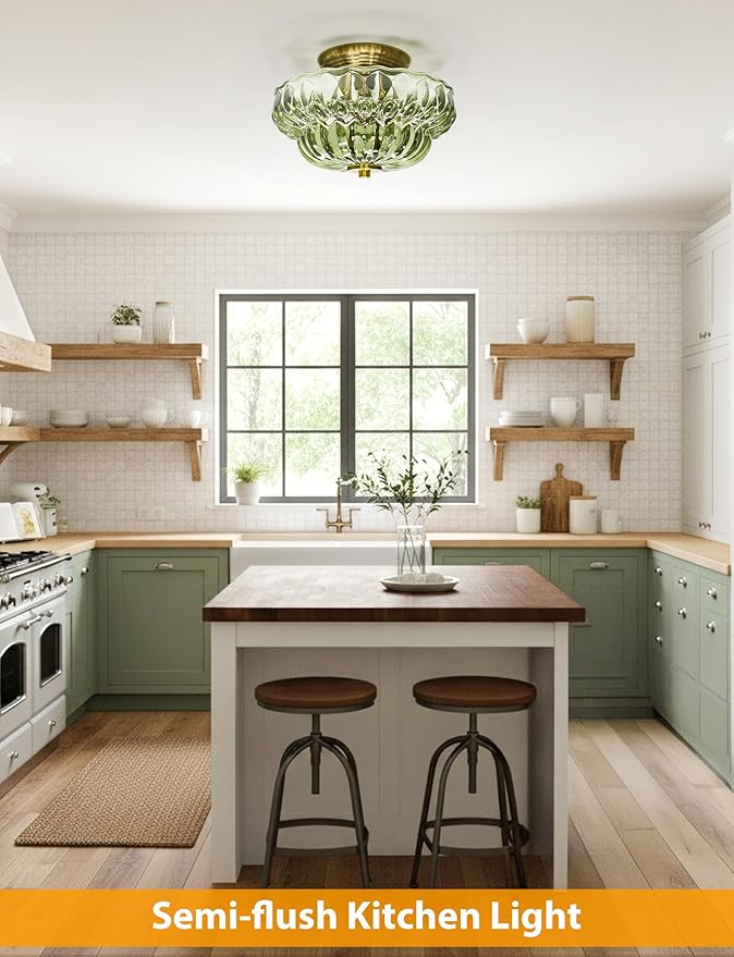 Semi Flush Mount Ceiling Light,11IN Vintage Gold Hallway Lights Fixture,3-Bulb Globe Green Glass Close to Ceiling Light for Bathroom, Hallway, Dining Room,Bulb Not Included