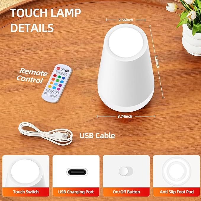 Night Light, Dimmable Touch Lamp and Remote Control, 13 RGB Colors & 5 Brightness, Rechargeable Bedside Table Lamp for Baby Kids Nursery Bedroom Bathroom Camping (White)
