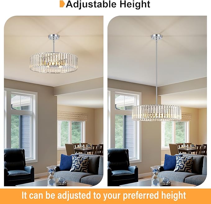 Chrome Crystal Ceiling Light Fixture, Modern Semi Flush Chandelier, Round Hanging Lighting Chandeliers for Dining Room, Kitchen, Bedroom, 6-Light, 19.68 Inch