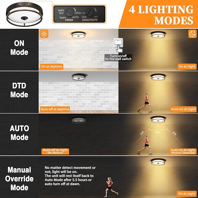 Motion Sensor Outdoor Ceiling Light, 2 Pack Outdoor Flush Mount LED Farmhouse Ceiling Light Fixtures, 12" Dusk to Dawn Porch Lights for Ceiling, Rustic Ceiling Lamp for Entryway, Garage