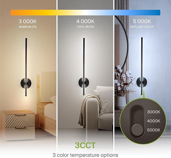 ASD LED 24" Linear Tube Wall Sconce, Modern Bathroom Light Bar | 3CCT, 360° Rotatable, Dimmable, ETL Listed | 8W 420LM 3000-5000K 100-277V | Bedroom, Hallway Vanity Lighting | Black, 2 Pack