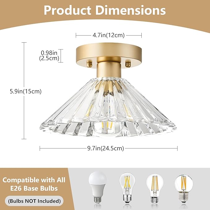 Modern Round Glass Ceiling Light, Mid-Century Lighting Fixtures, Gold Semi Flush Mount Ceiling Light for Hallway, Kitchen, Laundry Room, Bathroom, Entryway, 9.7 in