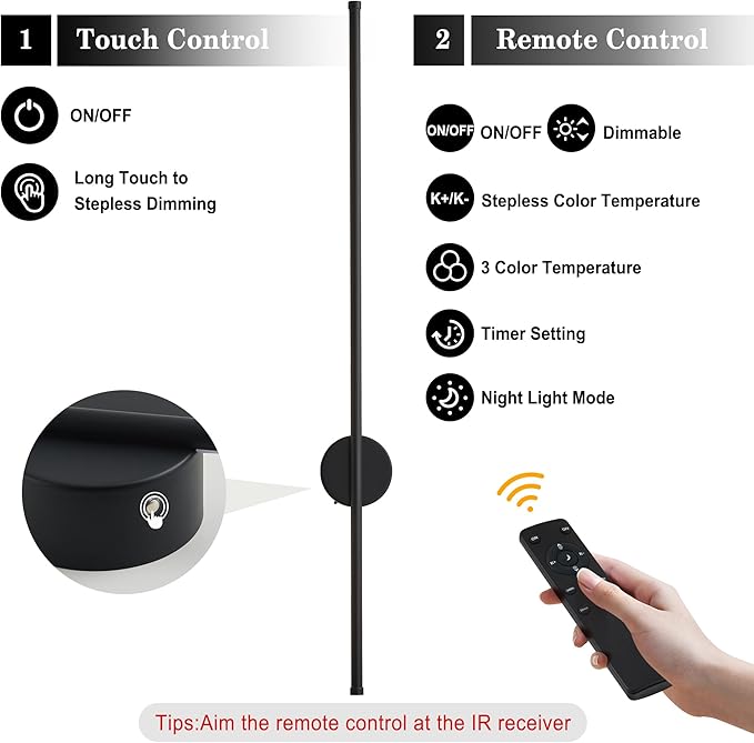 Battery Operated Modern Wall Sconces Set of Two,Rechargeable Wireless Wall Lights with Remote Control,Dimmable,3CCT,Timer,360°Rotation,Cordless Lighting for Bedroom,Living Room,Hallway,Black,39.3 Inch