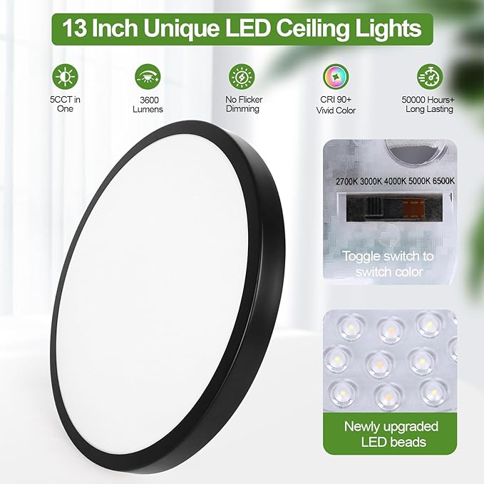 2-Pack 36W Dimmable LED Ceiling Lights Black, 13 inch Flush Mount Light Fixtures 3600LM 2700K/3000K/4000K/5000K/6500K Color Changing Ceiling Lights, Modern Lighting for Kitchen Living Room Bedroom