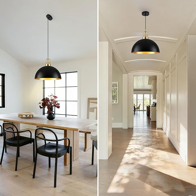 16'' Black Dome Pendant Light, Modern Farmhouse Pendant Light Fixture, Large Hanging Ceiling Pendant Lighting for Kitchen Island Dining Room Foyer Hallway Bar Cafe