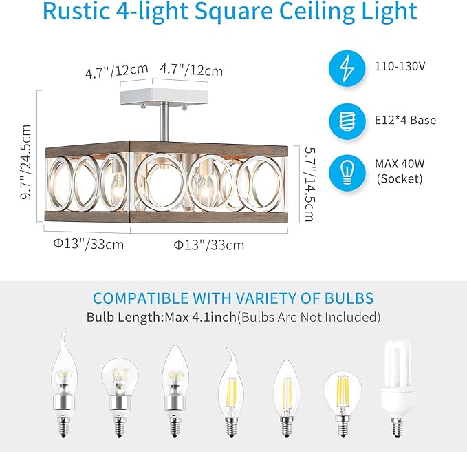 XINGQI Square Ceiling Lights 13'' Farmhouse Semi Flush Mount Ceiling Light Fixture Rustic Chandelier for Living Dining Room Bedroom, Antique Wood Grain & Brushed Nickel Finish, 4 E12 Bulbs