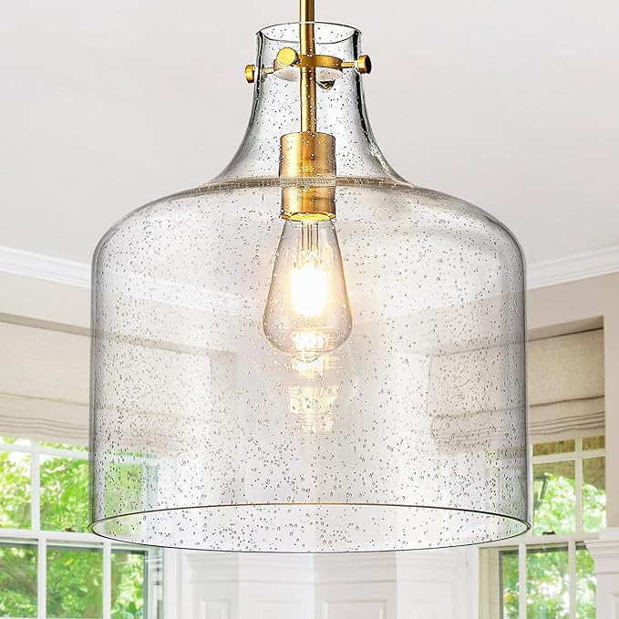 CATINER 12" Gold Glass Pendant Light, Seeded Bubble Shade Modern Farmhouse Hanging Light for Kitchen Island, Dining Room, E26 Dimmable Ceiling Fixture