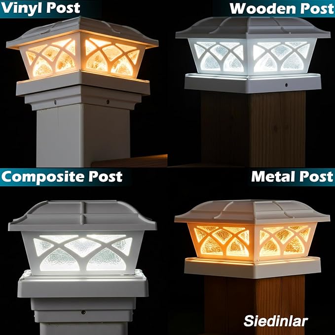 SIEDiNLAR Solar Post Cap Lights Outdoor Glass 2 Color Modes 8 LEDs for 4x4 5x5 6x6 Posts Fence Deck Patio Decoration Warm White & Cool White Lighting White (1 Pack)