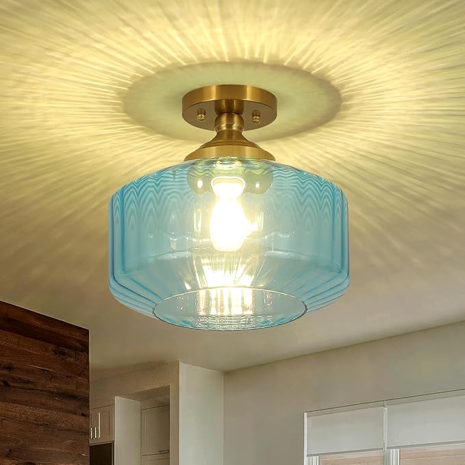 11.8in Semi Flush Mount Ceiling Light Fixture, Vintage Striated Glass Kitchen Lighting Fixtures Ceiling Mount for Entryway Hallway Bedroom Dining Room Bathroom Foyer Laundry (Blue)