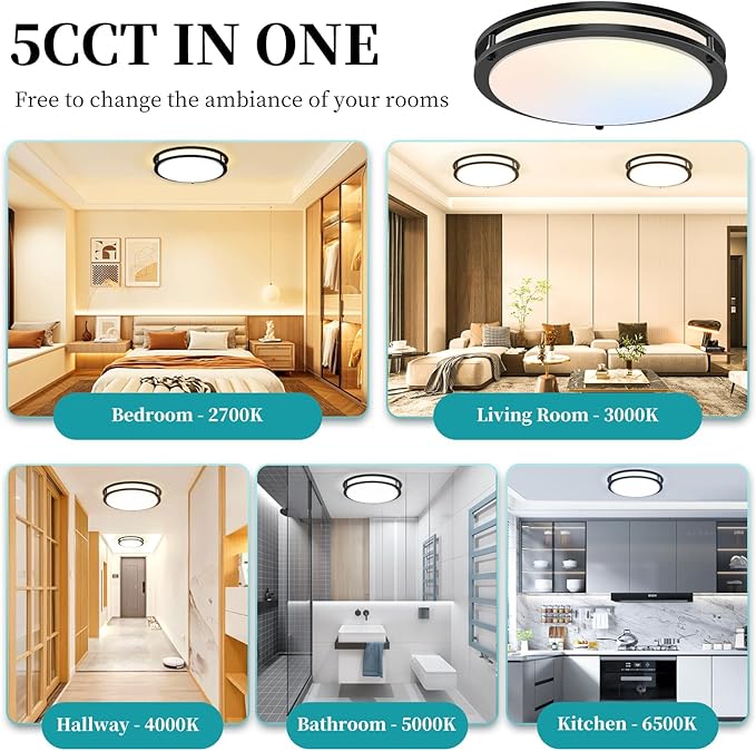 16Inch Flush Mount LED Ceiling Light Fixtures Black, 5CCT Adjustable 2700K 3000K 4000K 5000K 6500K, 4500LM Close to Ceiling Light for Kitchen, Hallway, Bathroom, Kitchen, Bedroom, 1 Pack