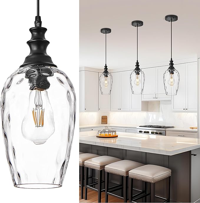 Glass Pendant Lights Kitchen Island Hanging Lighting Fixtures, Transparent Water Ripple Glass Lamp Shade Farmhouse Pendant Light Fixtures, Black Pendant Light for Kitchen, Sink, Dining Room