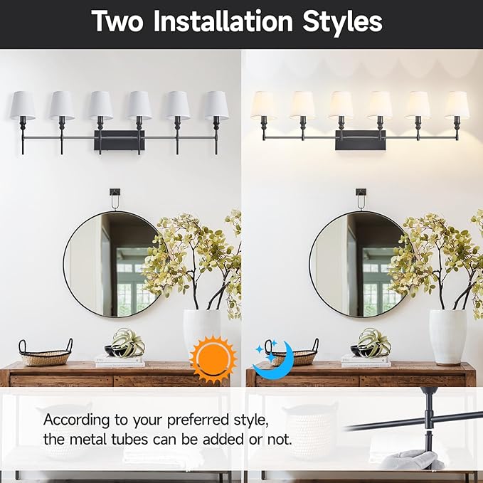6-Light Black Bathroom Lighting Fixtures Over Mirror,50 in Vintage Bathroom Vanity Lights with Flared White Fabric Lampshade for Bedroom,Living Room,Foyer,2 Styles Modern Wall Sconce E12 Base
