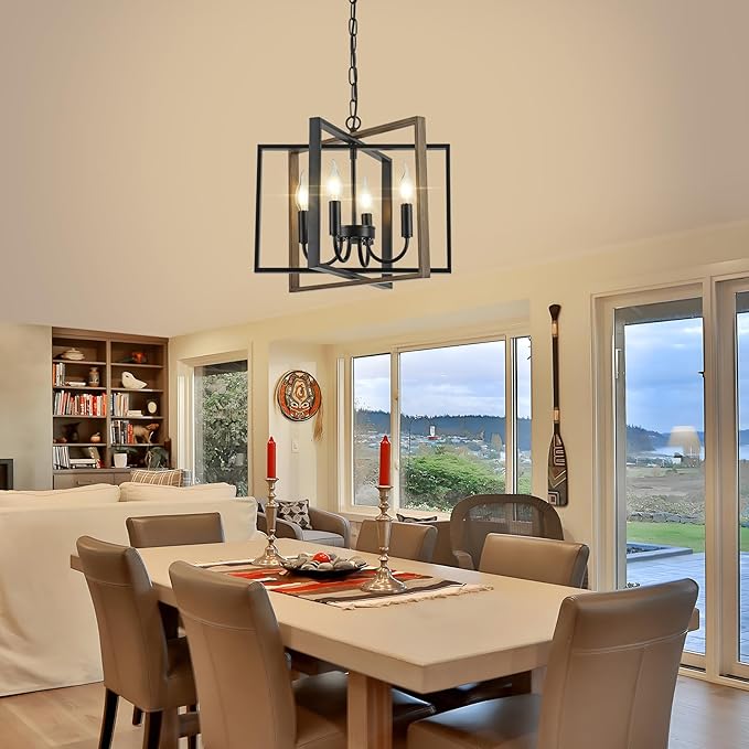 Farmhouse Chandelier Black Rustic Pendant Light Fixture, Adjustable Metal Flush Mount Ceiling Light for Kitchen Island, Dining Room, Living Room, Bedroom, Foyer