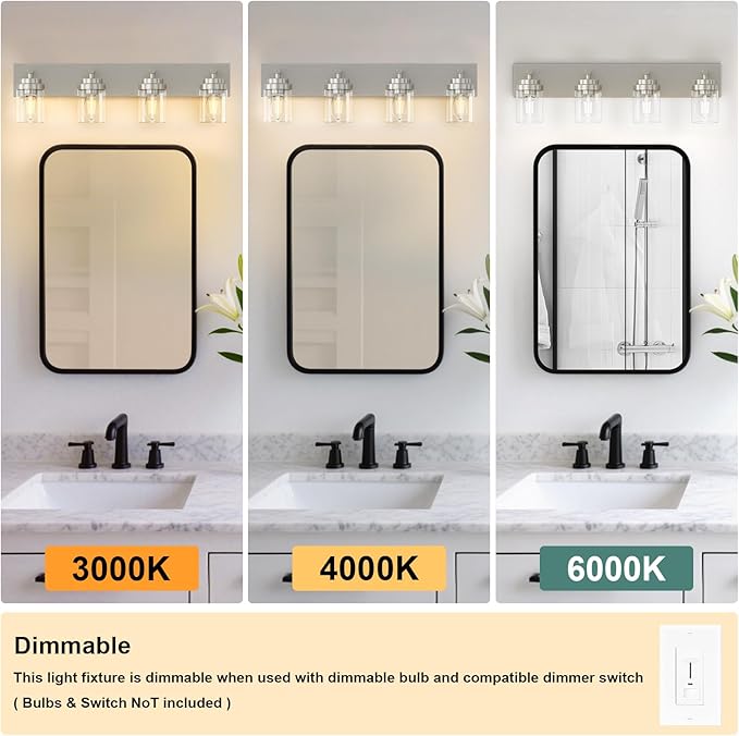IZORRO Bathroom Vanity Light Fixture, 4-Light 30 Inch Brushed Nickel Bathroom Light Fixtures Over Mirror, with Clear Glass Shade, Modern Farmhouse Vanity Lights, Rustic Restroom Lighting Fixtures