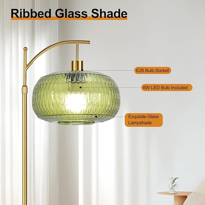 QIYIZM Green Floor Lamp for Living Room,Bedroom,Gold Dimmable Standing Lamp with Remote,Mid Century Modern Brass Tall Lamp Boho Floor Lamps Arc Stained Glass Floor Light Lamp Girls Bohemian