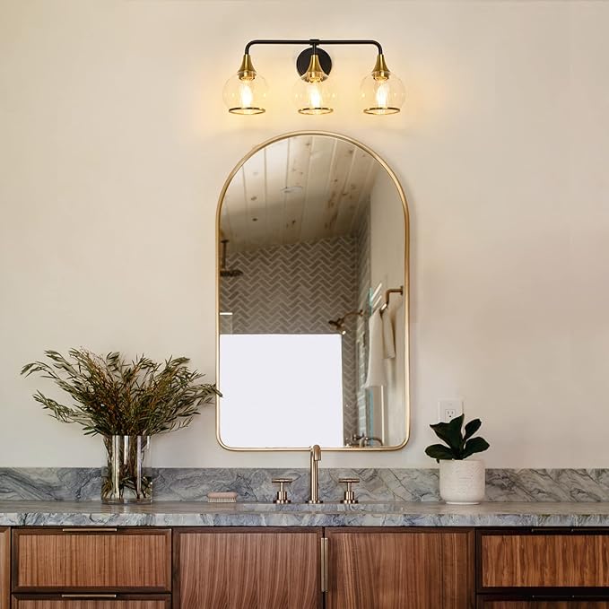 Black and Gold Bathroom Vanity Light 3-Lights Bathroom Light Fixtures Over Mirror with Clear Glass Shade 22.4 inch Wall Sconce Lighting Bath(Exclude E26 Bulb)