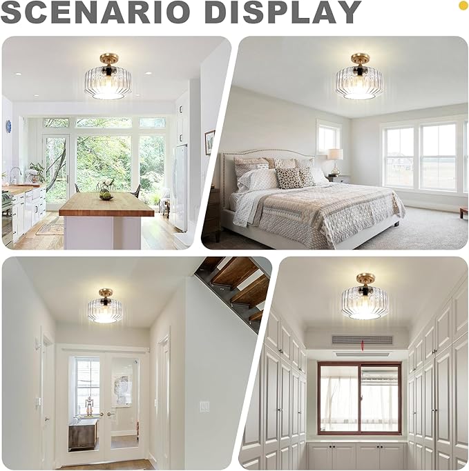 Semi Flush Mount Ceiling Light with 11.02" Clear Seeded Glass Shade, E26 Base Gold Mid Century Chandelier Farmhouse Light Fixture for Hallway Bathroom Entryway