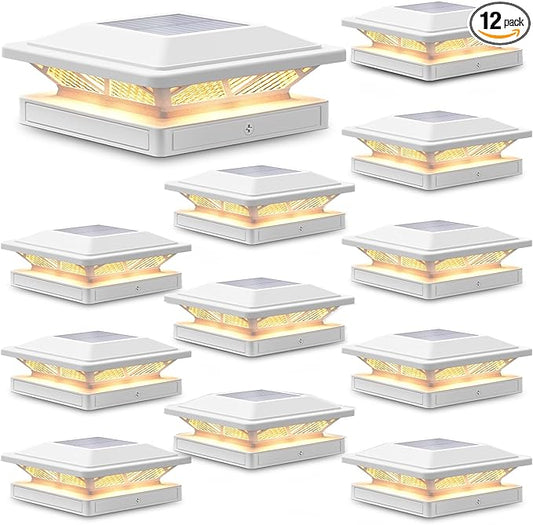 SIEDiNLAR Solar Post Cap Light 2 Modes 12 Pack, 3.5x3.5 4x4 4.5x4.5 5x5 Vinyl/Wooden Posts, Waterproof Outdoor Lighting for Fence Deck Patio Garden Decor, White/Warm (White)