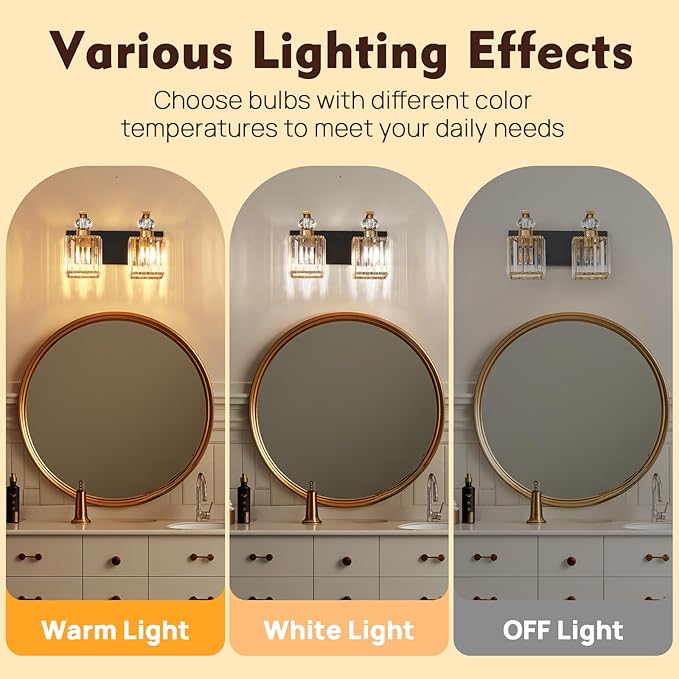 Modern Bathroom Vanity Light, 2-Light Black Gold Bathroom Lighting Fixtures Over Mirror, 12.6" Crystal Wall Light Sconce for Bathroom/Bedroom/Vanity, Includes LED Bulbs, Easy Installation